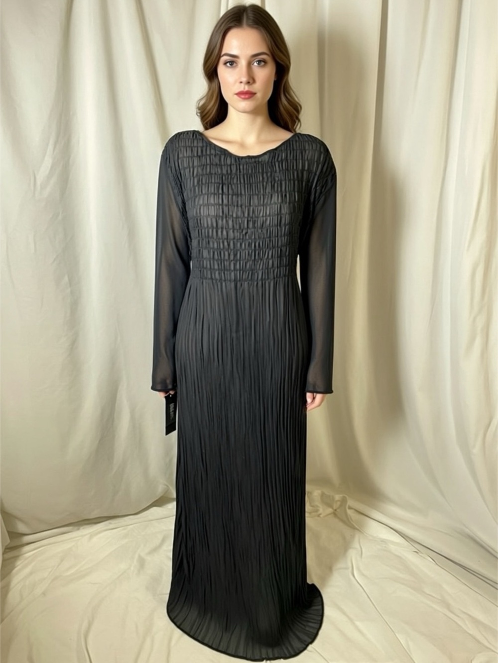 French Connection Black Smocked Pleated Maxi Dress Sheer Sleeve Made USA S